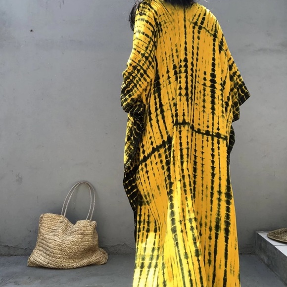 SOLD OUT Yellow & Black Bohemian Tie Dye Kaftan Kimono Dress - Picture 5 of 9